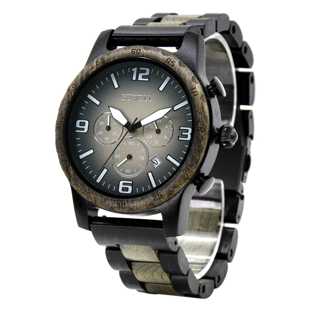 Wooden watch for men date display chronograph quartz wrist 3 sub-dials handmade light weight luminous - 189a