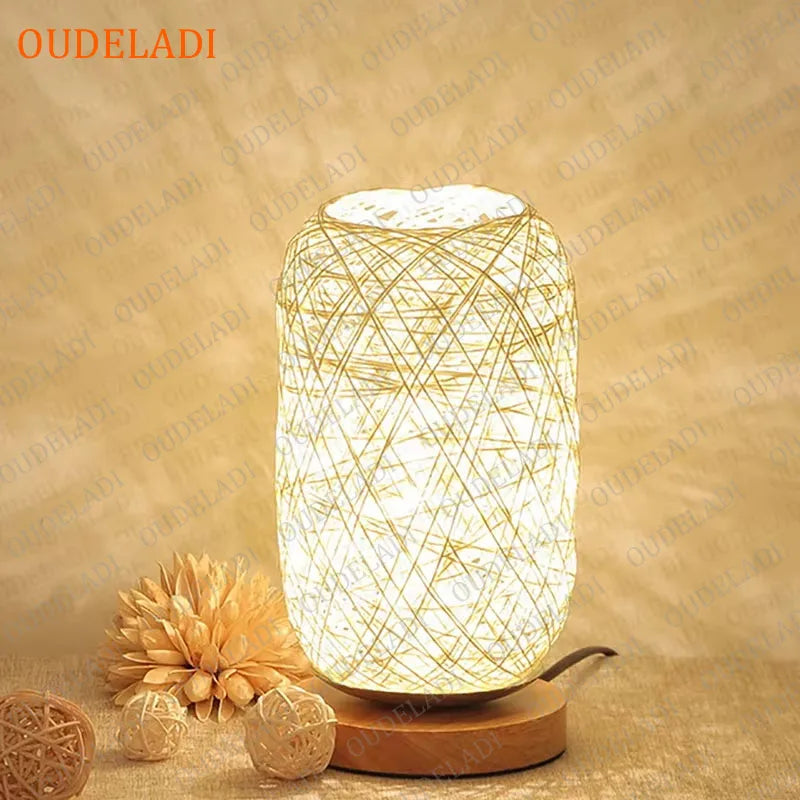 Oudeladi wooden base rattan twine table lamp home decor living room bedroom bedside desk night light usb and eu plug