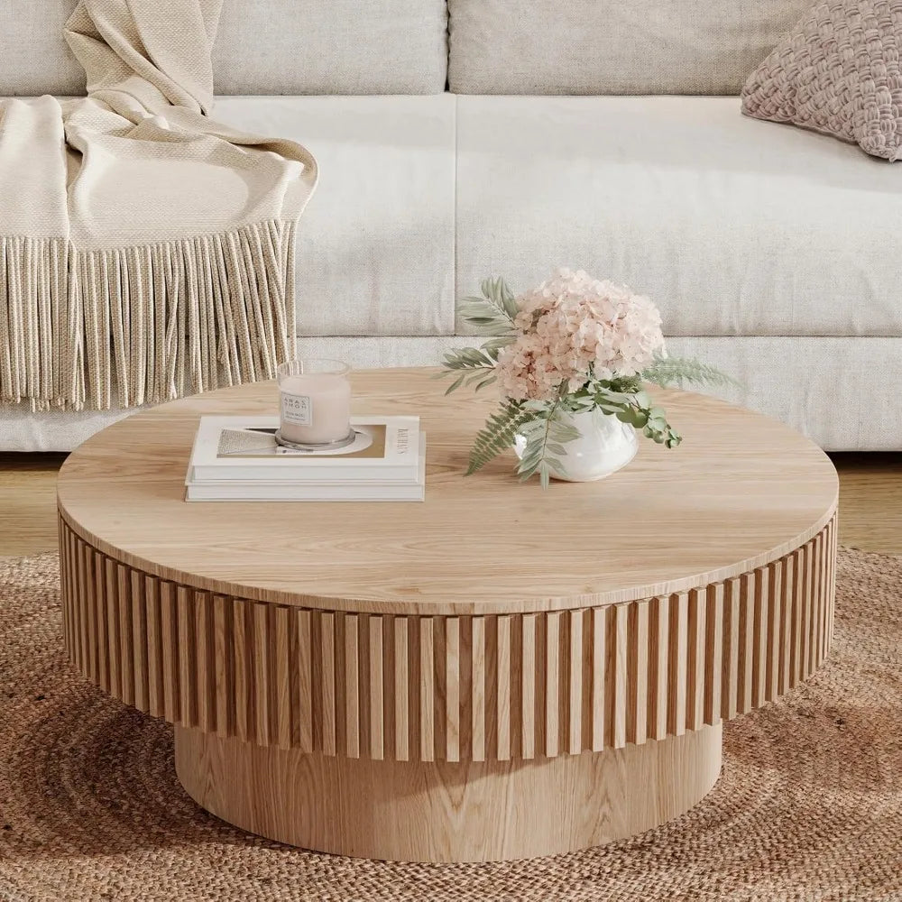 Modern circular coffee table with storage luxury drum style center solid wood veneer accent side
