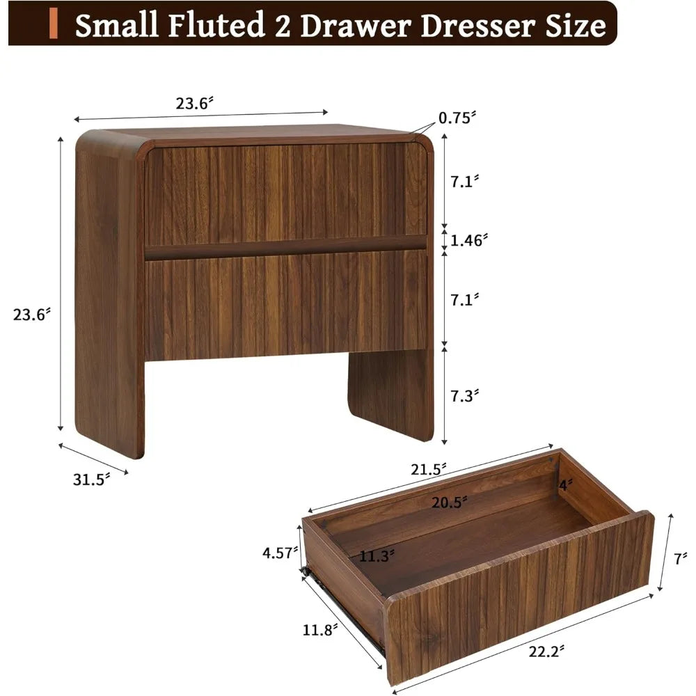 Flute 2 drawer dresser,mid century modern small nightstand with for bedroom wood side table curved profile - 15.8 d x