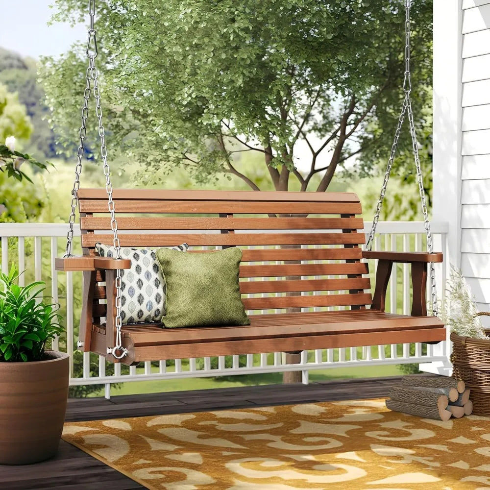 Outdoor porch swing bench with cup holders - 2-seater wooden for patio garden backyard comfort - united states / brown