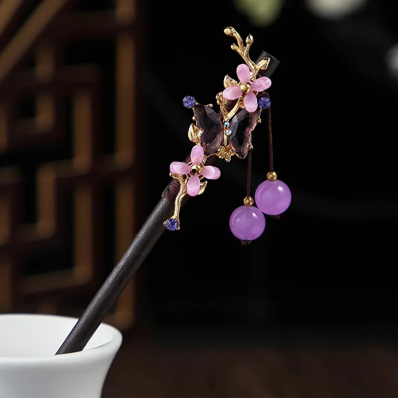 1pc wooden hair stick chinese style winding flower hairpin with tassel elegant lady clip accessories vintage 2024