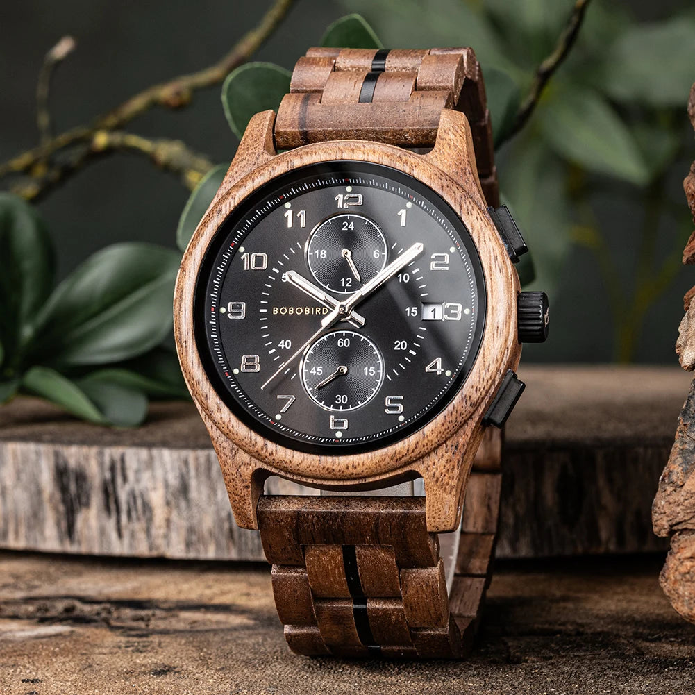 Wooden watch for men bobo bird chronograph wristwatch with luminous hands wood watches anniversary gift him - walnut