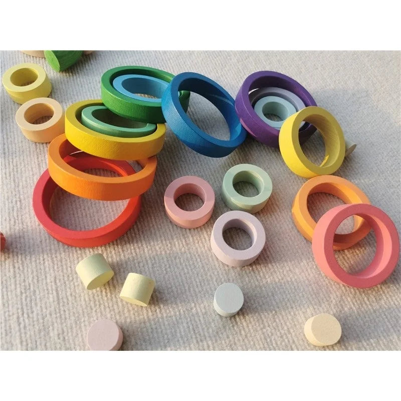 Kids rainbow wooden nest rings unpaint beech stacking blocks creative loose parts montessori toys - game