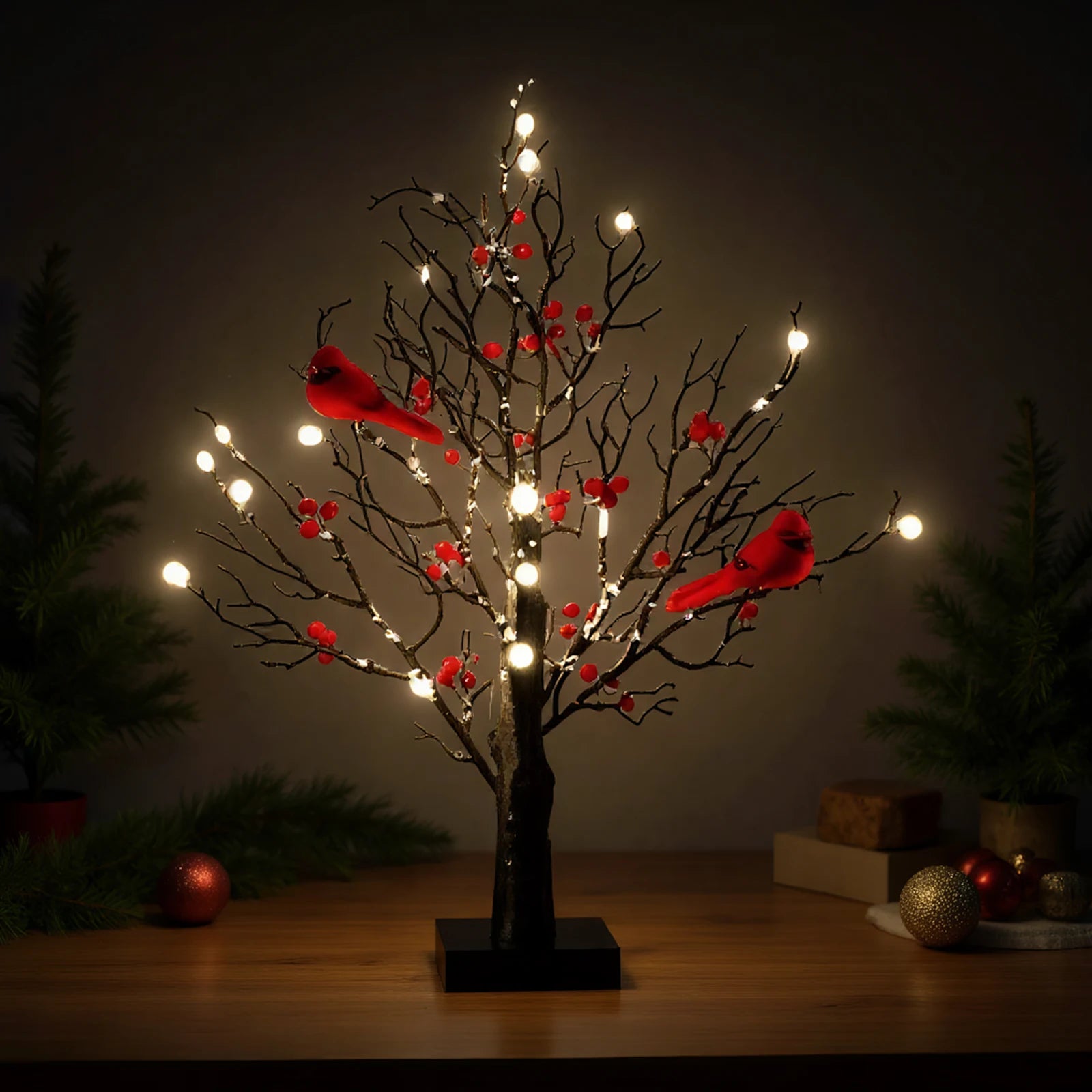 Vintage glowing tree with cardinals lighted mini birch red bird light festival christmas decoration