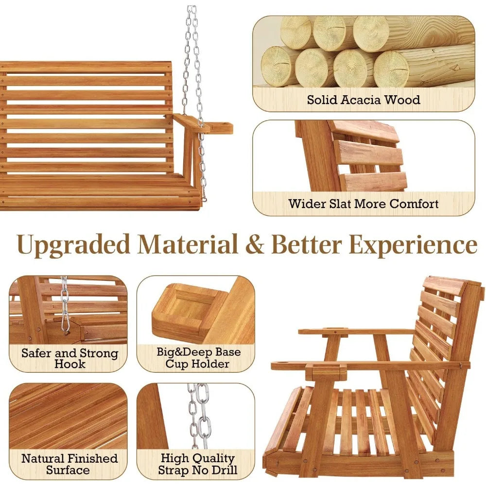 Wooden porch swing with cup holders and chains 880 lbs capacity outdoor chair bench for courtyard patio - united states