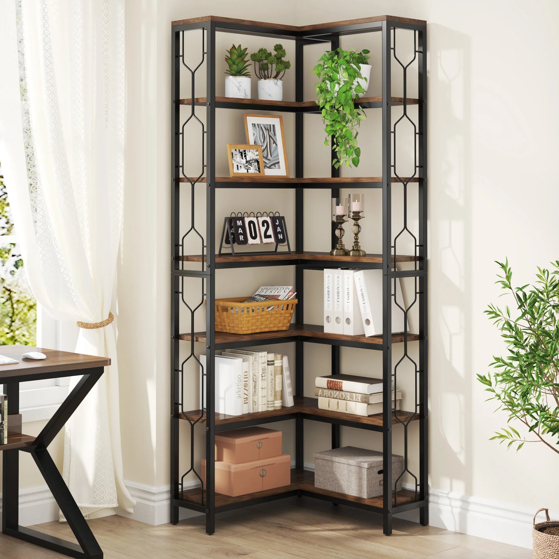Tribesigns corner shelf 7-tier industrial bookshelf wood and metal etagere bookcase freestanding display