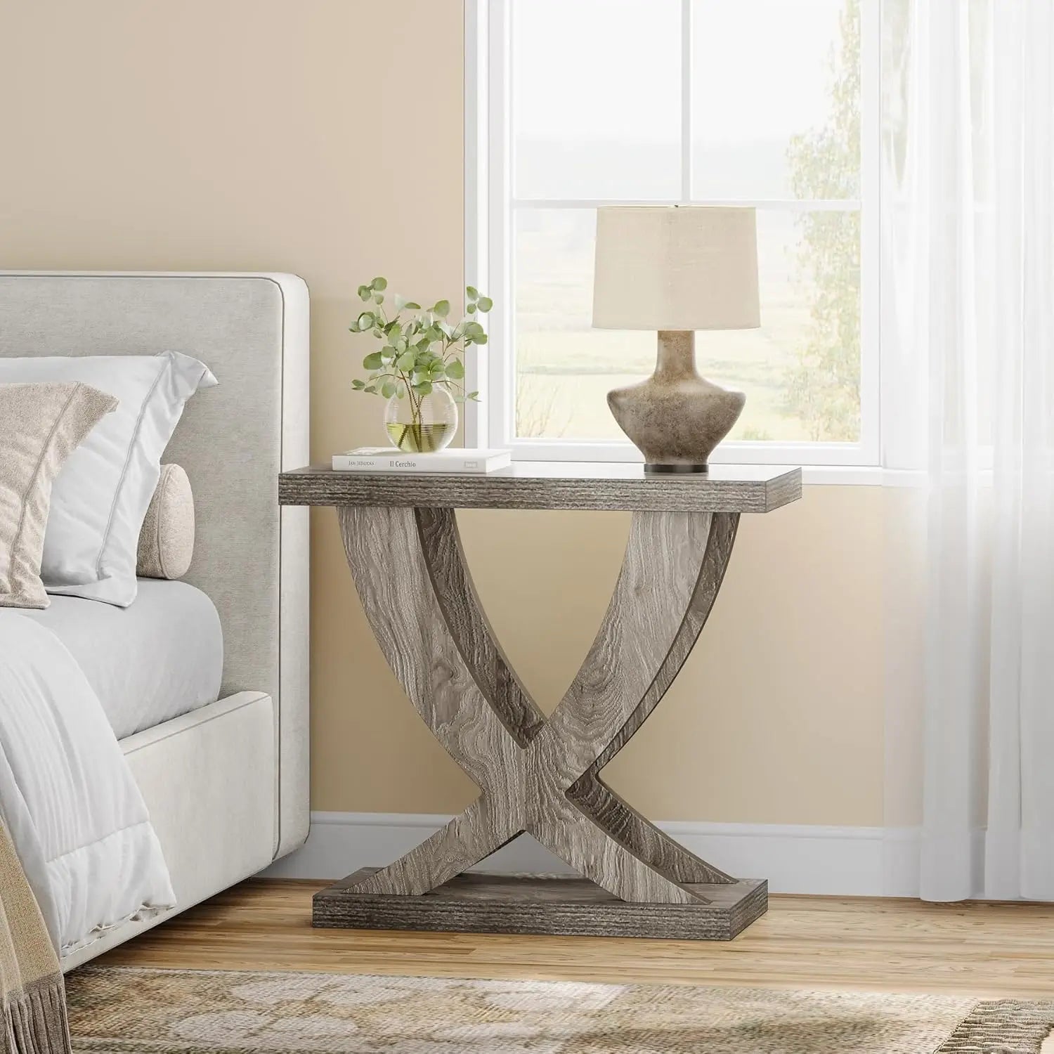 Wood end side table for living room night stand bedroom with cross fishtail support farmhouse nightstand small spaces