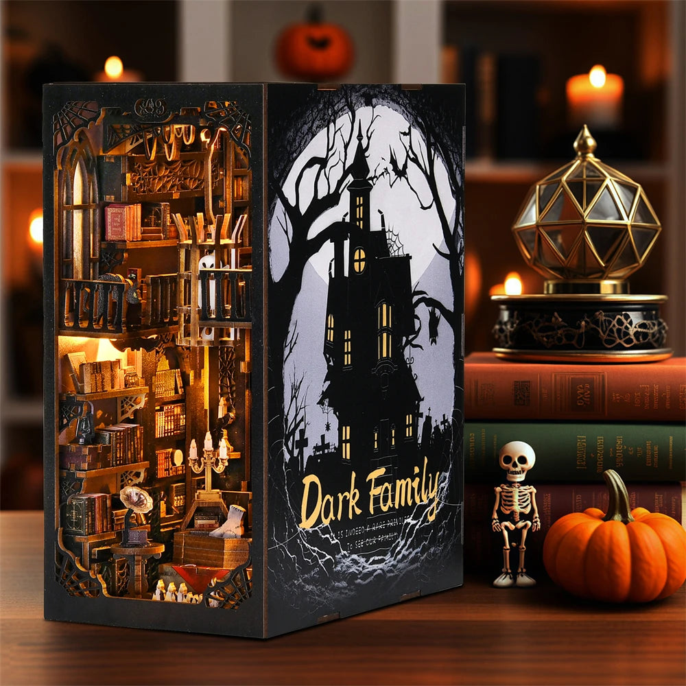 Book nook kit the dark family 3d wooden puzzle diy gothic style home decoration for bookshelf miniature insert magic