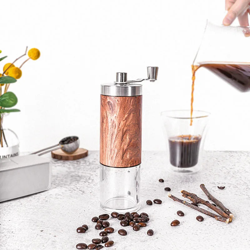 Manual coffee bean grinder portable wood grainstainless steel crank hand coffeegrinder kitchen tool - 1pcs