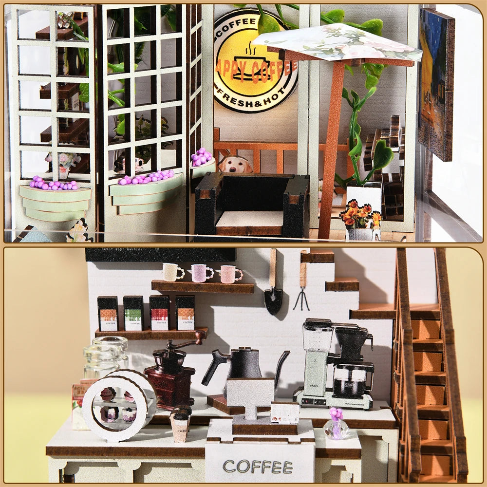Sunshine coffee shop diy book nook kit 3d wooden puzzle home decoration house for bookshelf miniature insert stand