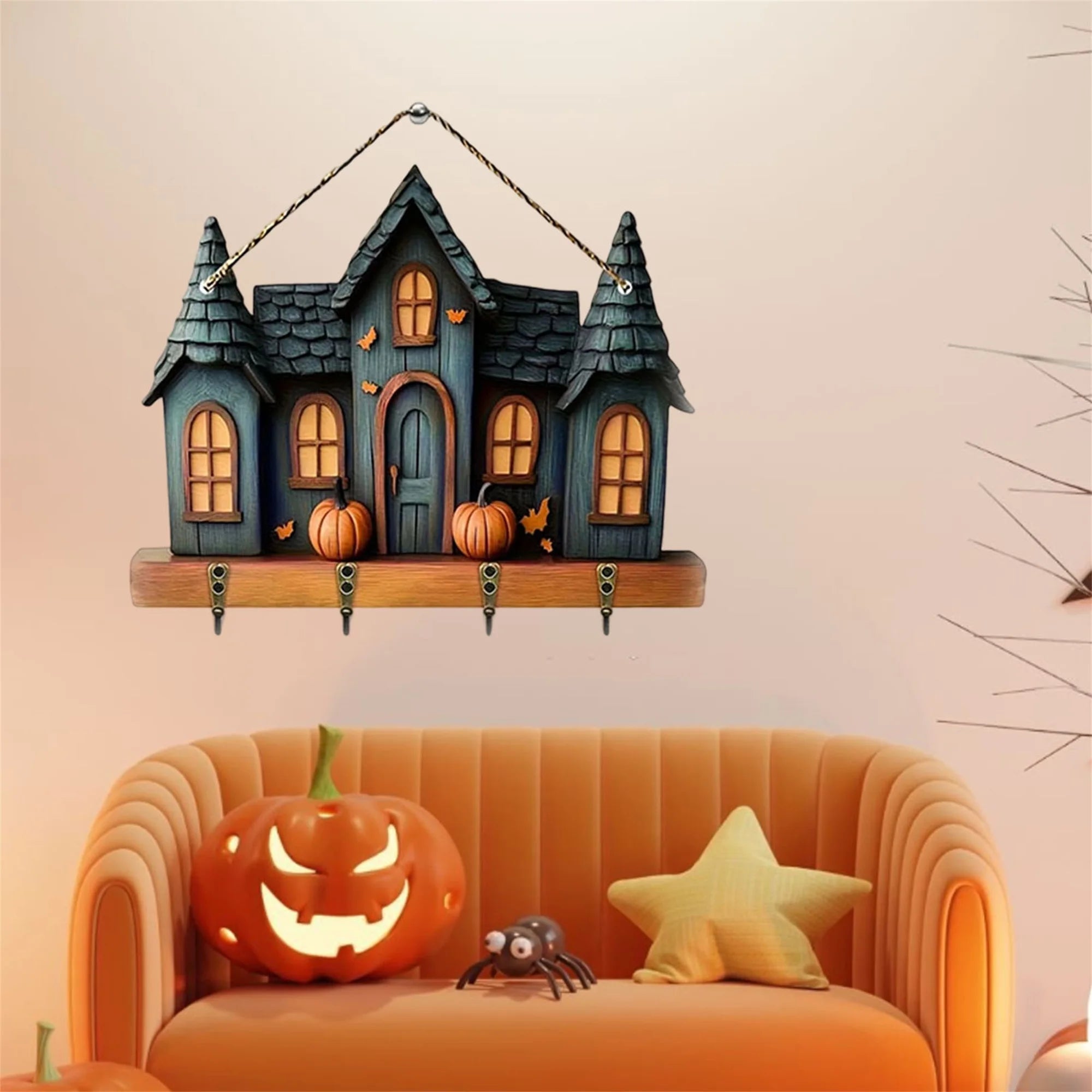 Spooky halloween ghost key rack for wall wooden 2d flat haunted house hooks hanging art entryway living room home