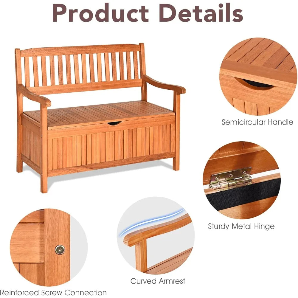 Safstar outdoor patio bench with storage box 33 gallon capacity wooden frame eucalyptus material natural color 42 x 23