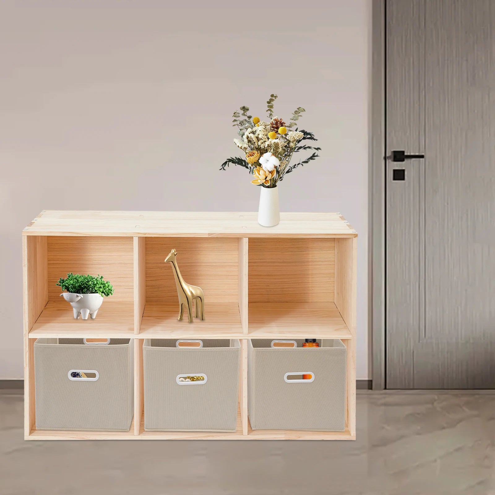 6-compartment solid wood shelves wooden cube shelf bookcase floorstanding bookshelf with 3 fabric baskets - beige