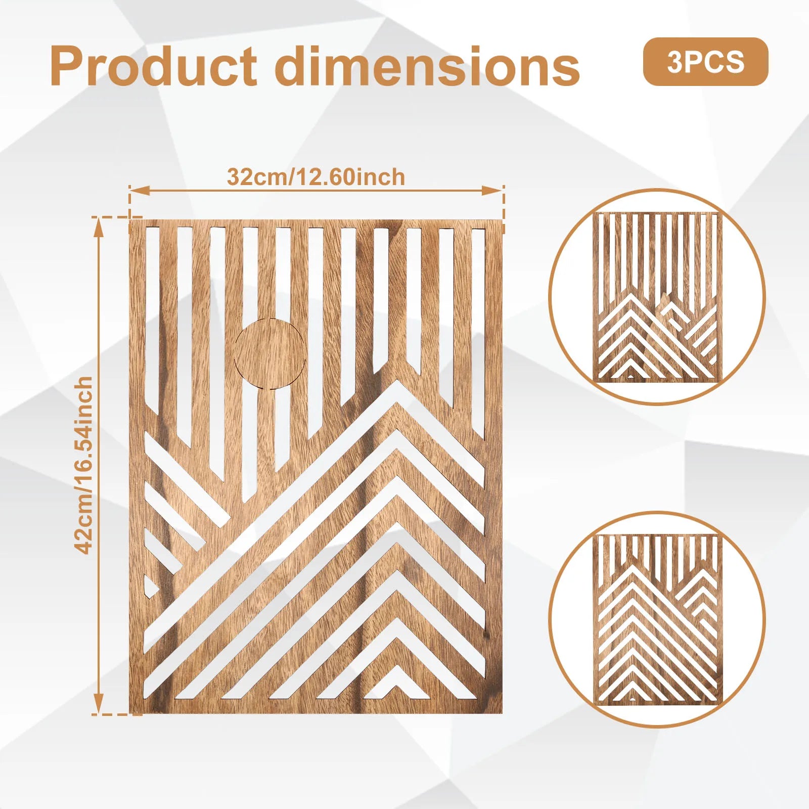 3pcs wood wall art sculpture decor openwork ornament easy to hang timber artwork for living room - light brown