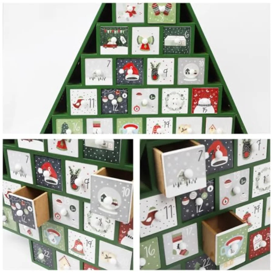 Led 24 day advent calendar decorated with storage drawers green wooden countdown to christmas for holiday home deco