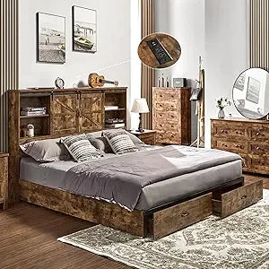 Vanacc queen size bed frame wooden platform storage with 51.2’’ bookcase headboard 2 drawers charging station/no box