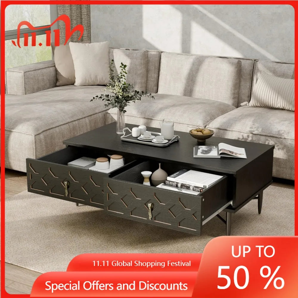 Mid century modern coffee table carved decorative center tea fluted wooden with storage for living