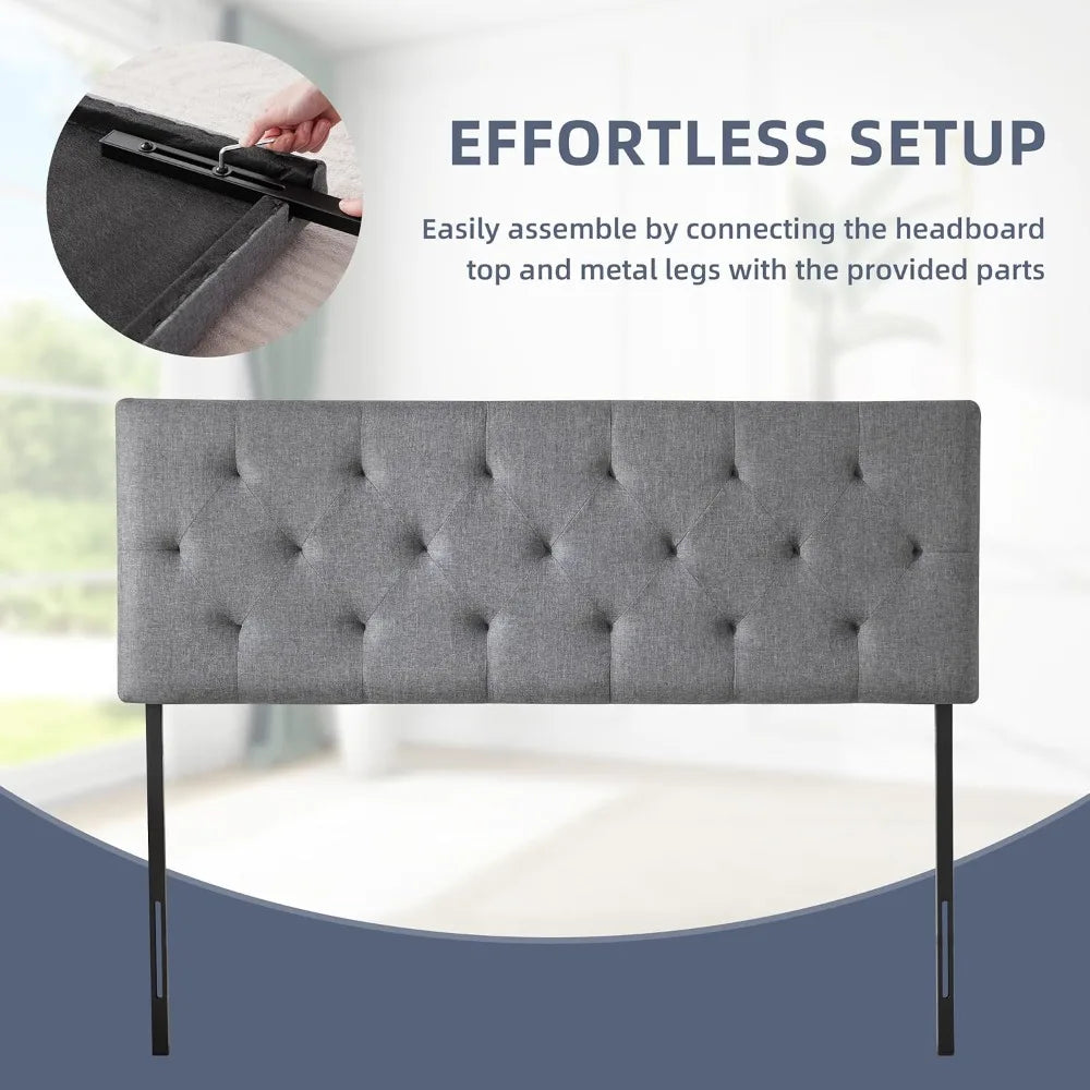 Upholstered headboard king size modern diamond tufting solid wood cali only adjustable height from 37” to - lightgray