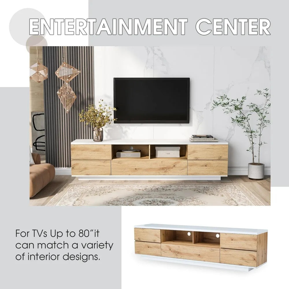 Modern tv stand with 6 cabinets & 2 open storage space mordern wood entertainment center for tvs up to 80” sturdy
