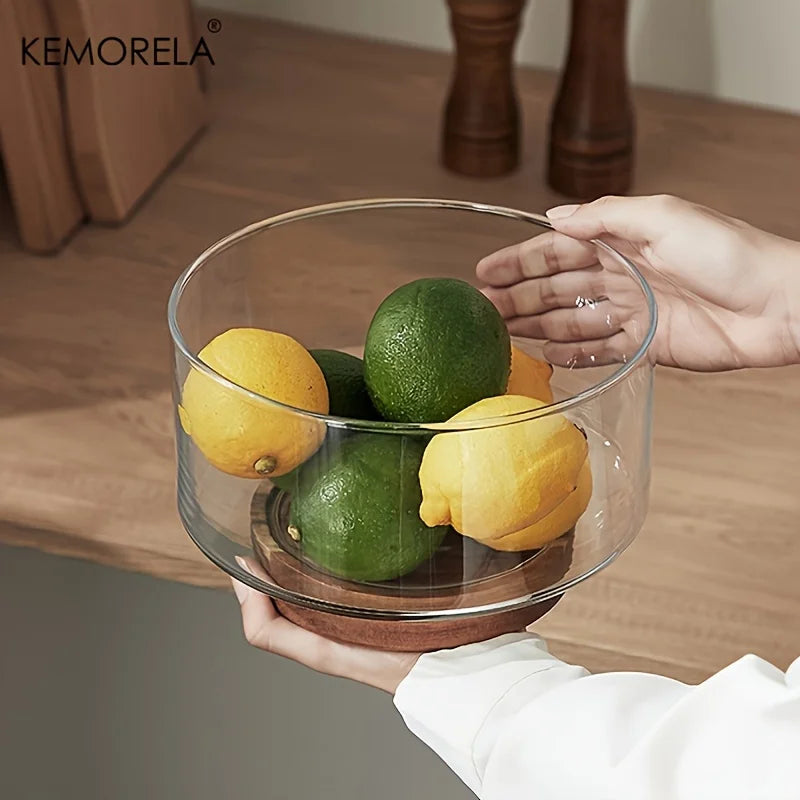 Glass fruit bowl creative large salad wood base snacks popcorn nuts storage bowls home christmas snack container