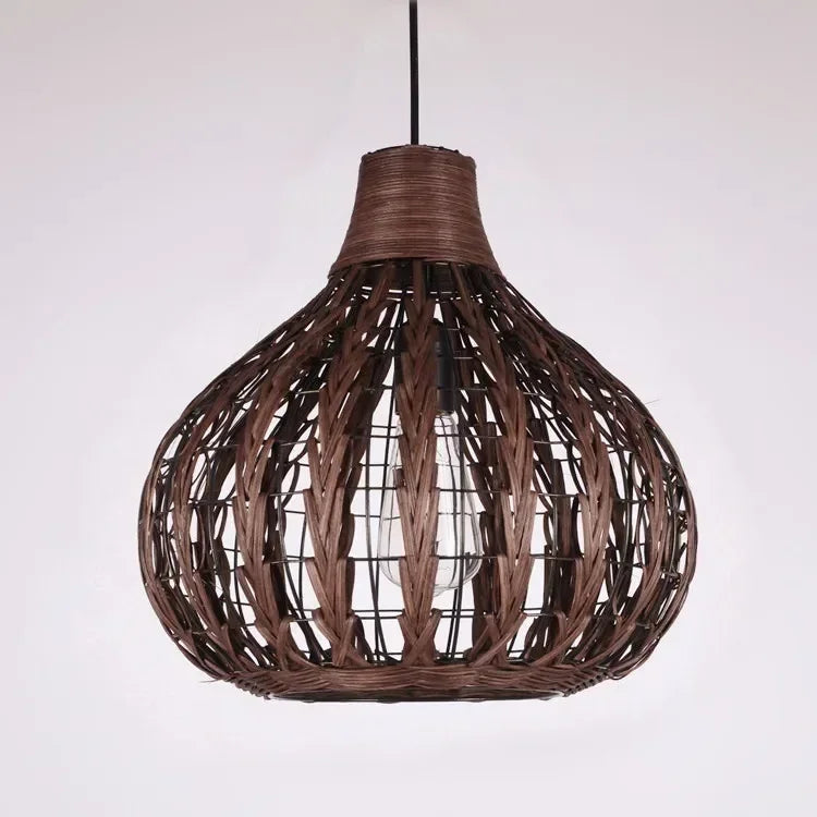 Knitted wicker birdcage rattan lampshade vintage hand pendant lamp retro coffee shop restaurant bar wood hanging lamp