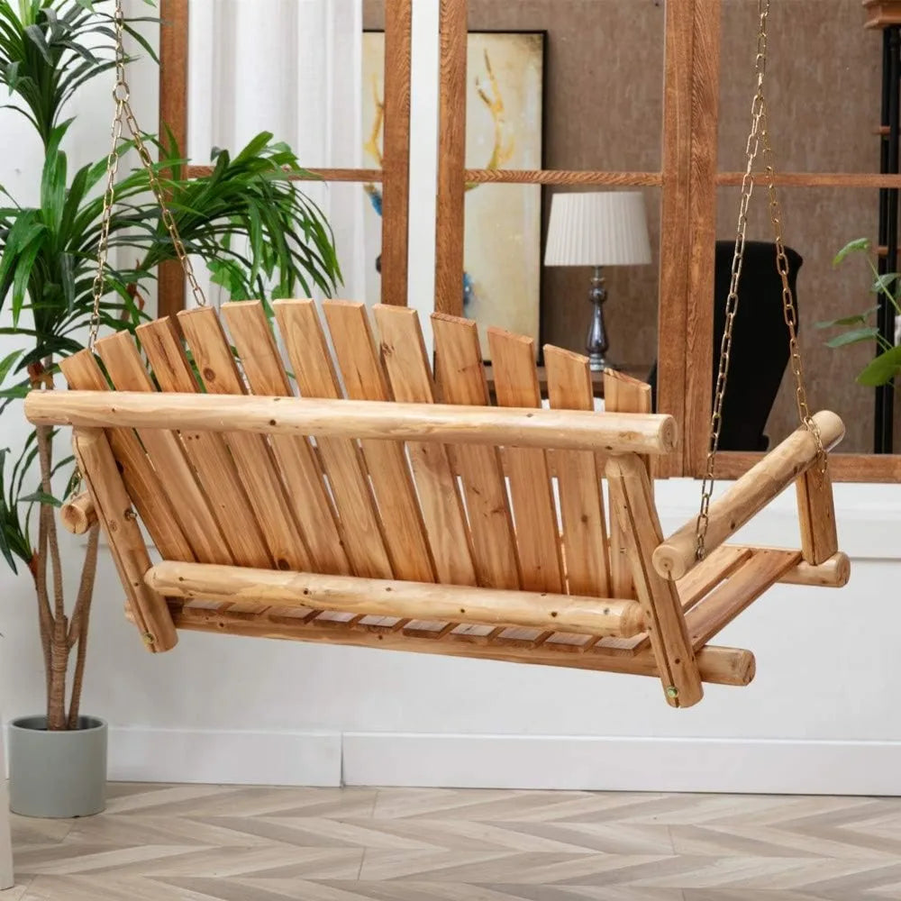 Porch swing front hanging wooden bench 2 seat chair for garden patio backyard playground log wood 800lbs - united