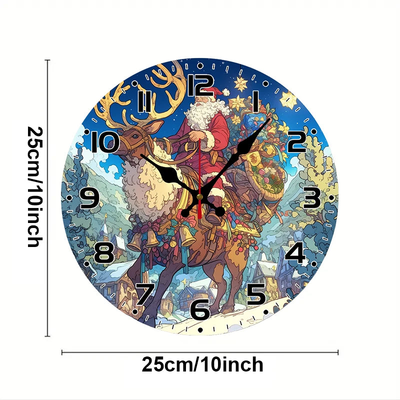 Santa reindeer wooden round silent hanging wall clock suitable for living room office study bedroom home decoration