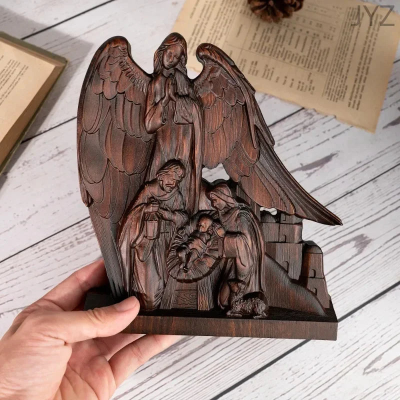Religious wooden holy family with guardian angel statue,catholic home decor ornament - retro / 20cm - (christian)