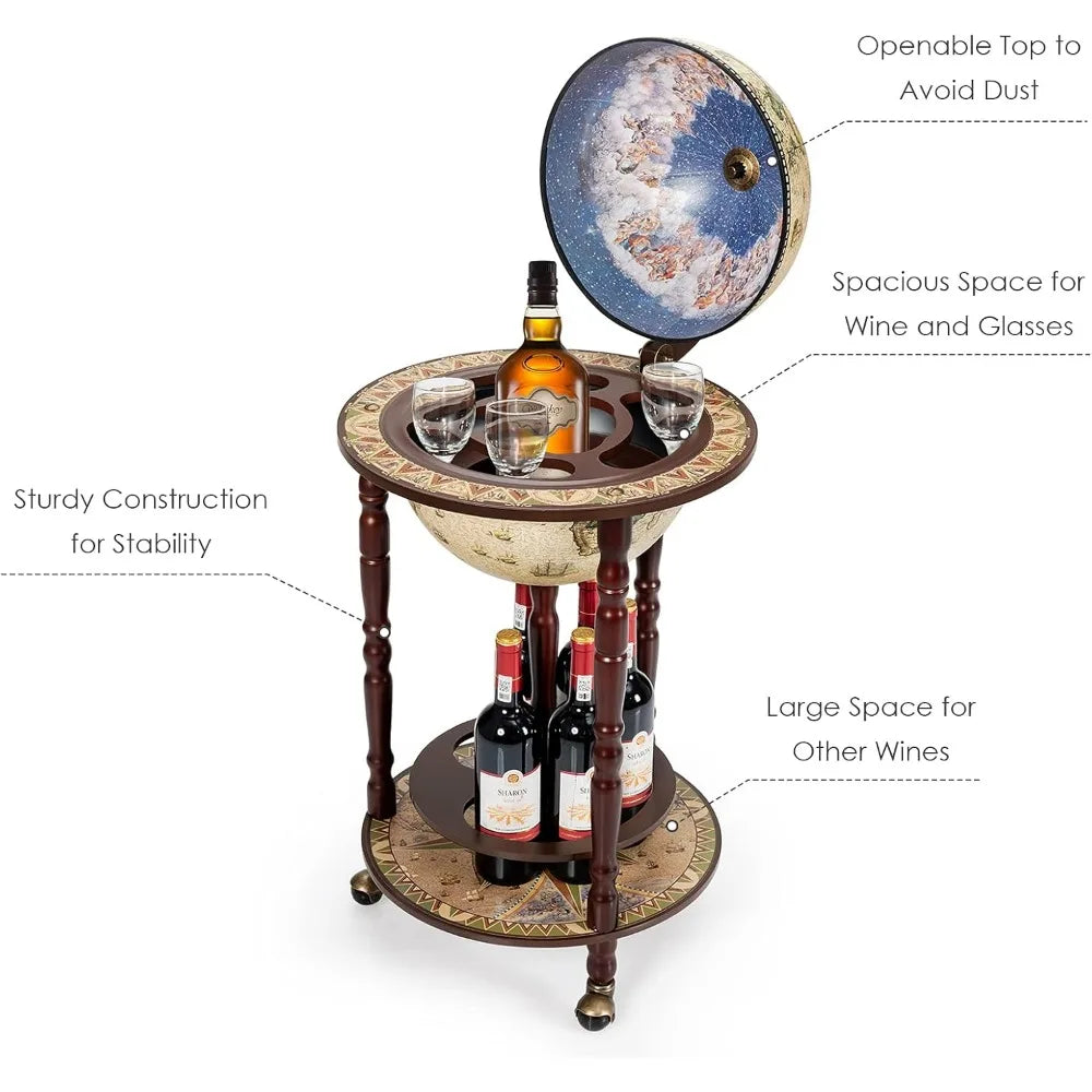 Italian replica 17th century globe wine bar stand with wooden cabinet and rolling wheels for liquor bottles - united