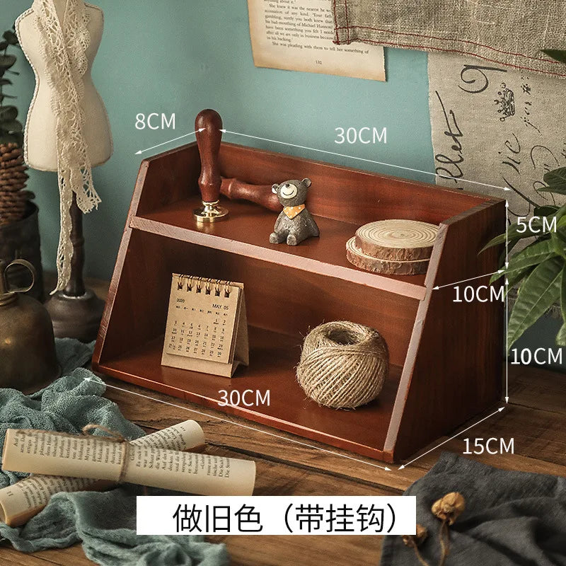 Retro wooden desk storage box multi-layer doll figure display stand desktop drawer type cosmetic jewelry decoration