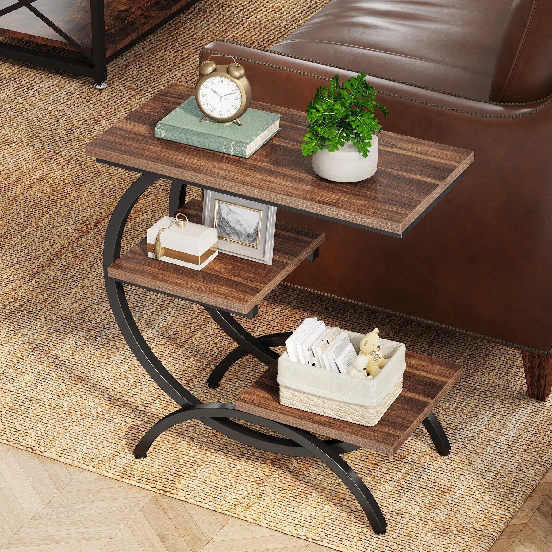 Tribesigns c-shaped end table industrial 3-tier small for couch wood bedside snack with storage shelves - chocolate