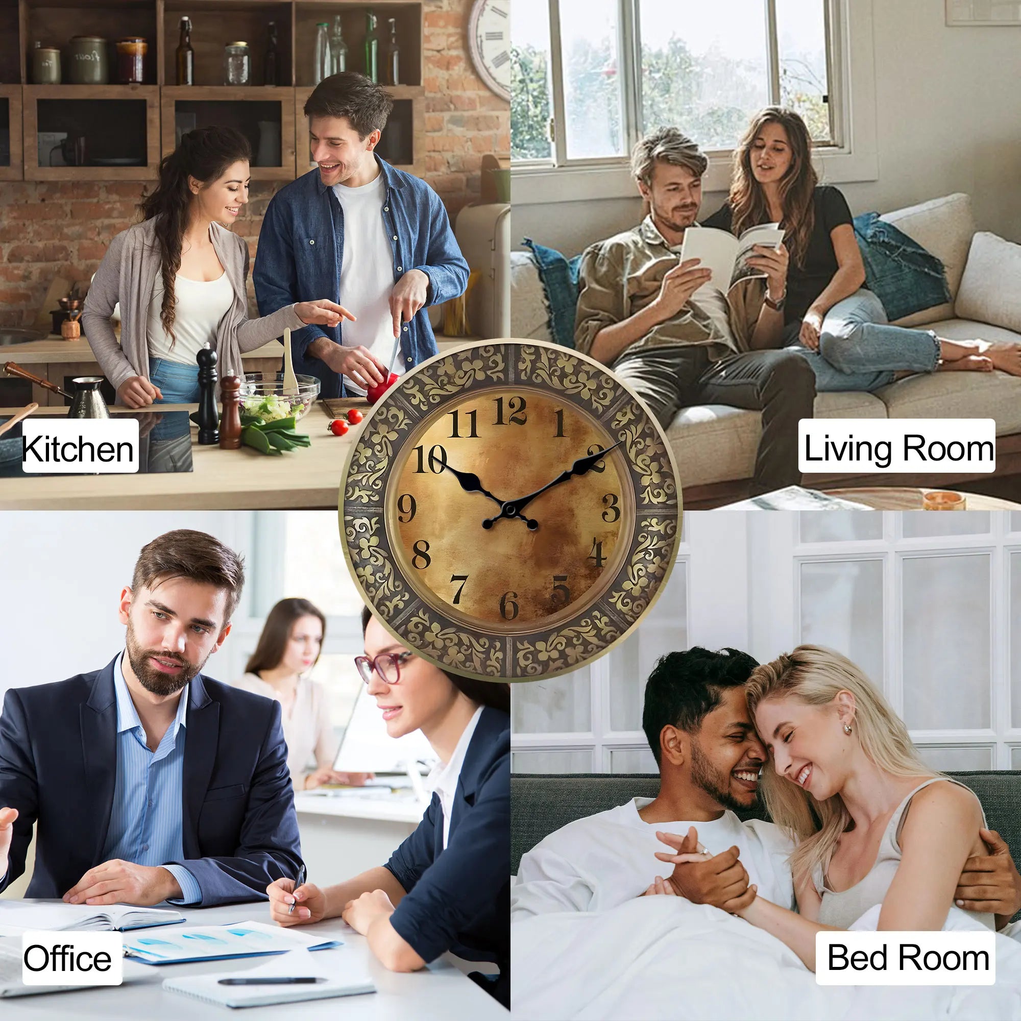 Wooden silent wall clock antique brass pattern design modern home decoration living room dining