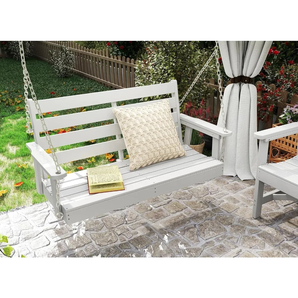 All-weather waterproof hdpe patio swing bench 51 - outdoor porch with stainless steel chains - united states / white