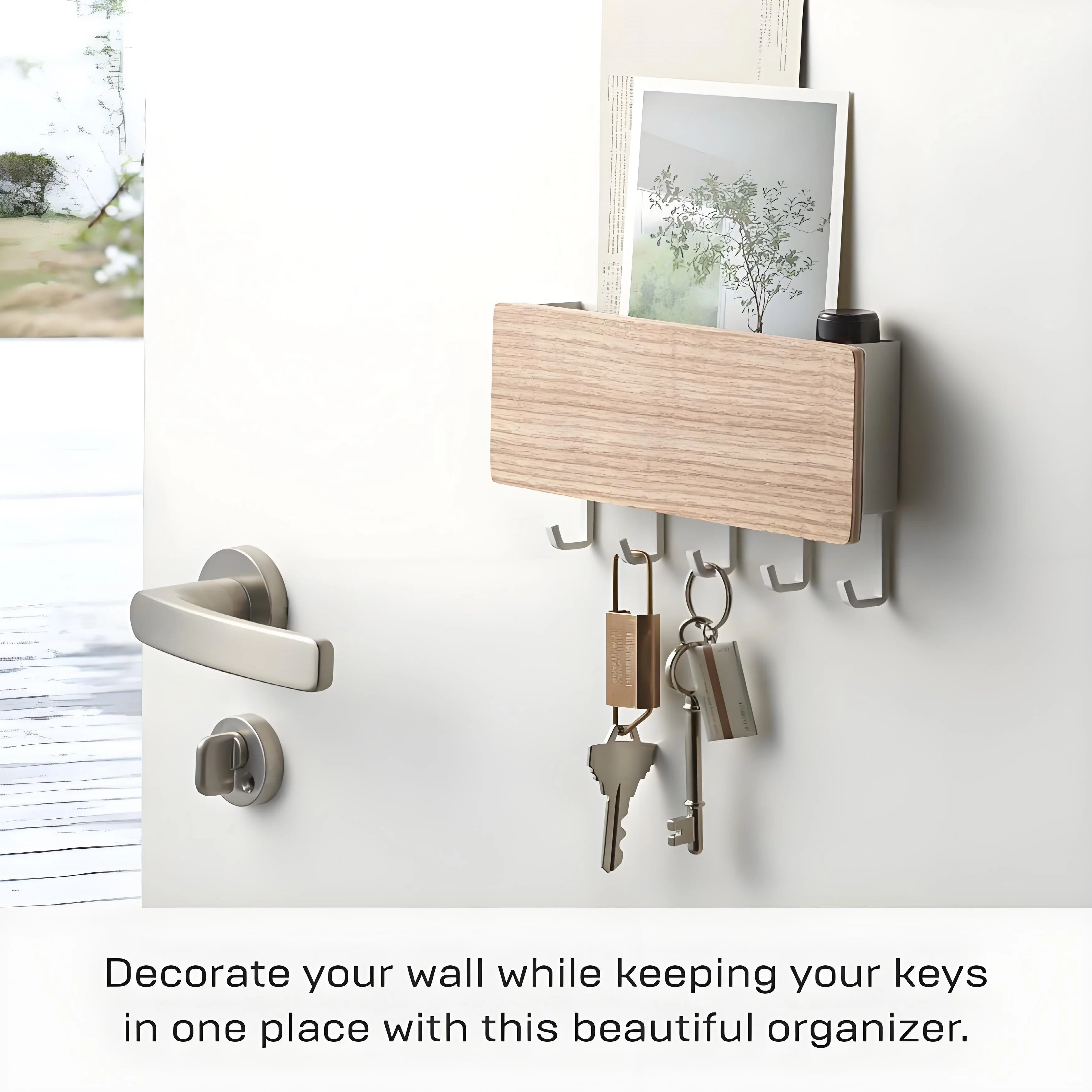 Rustic wall mount key holder organizer | wooden shelf with hooks for entryway storage | farmhouse decor mail & sundries