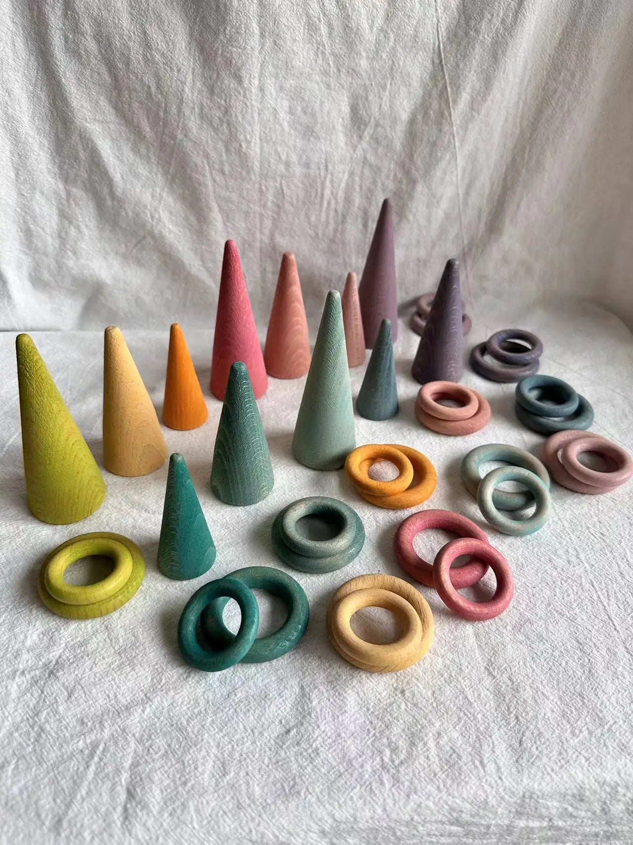 Kids large wood building rollers pastel blocks stain lime stacking cylinders forest trees rings educational creative