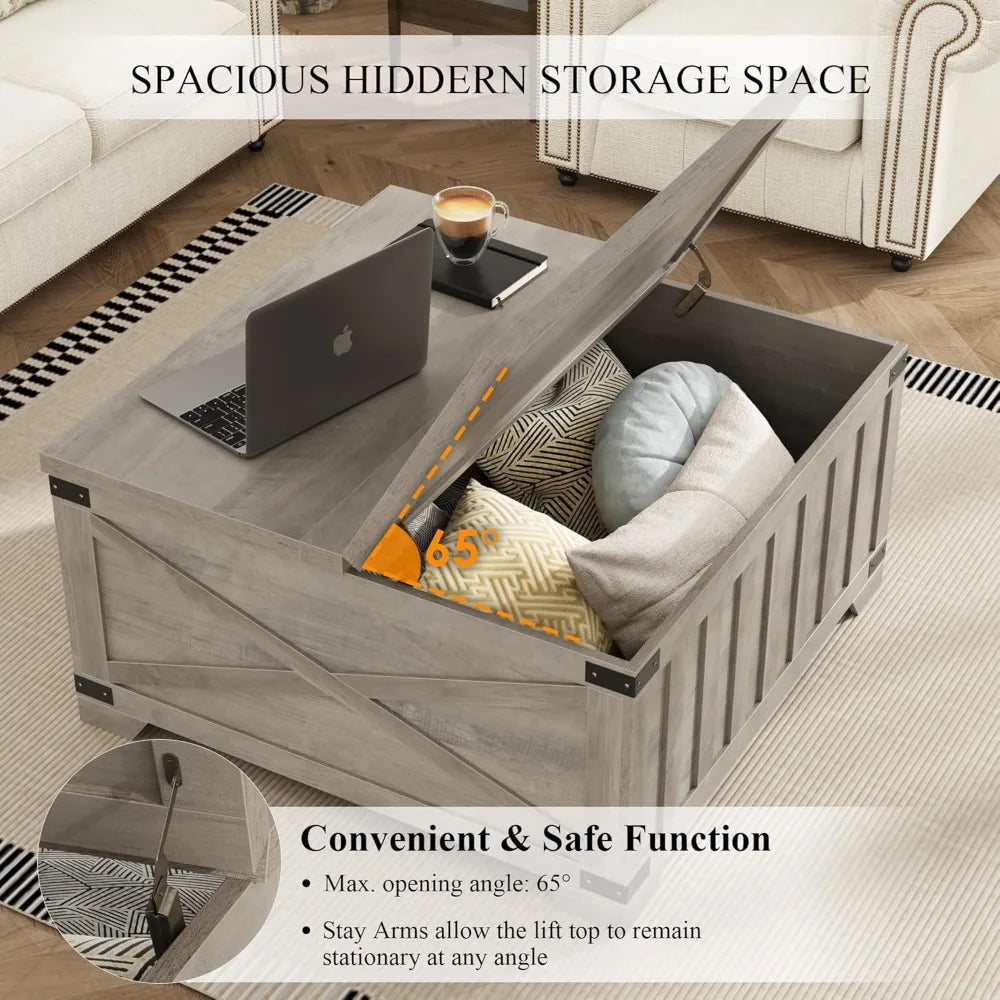 Farmhouse coffee table with storage 35.4’’ square center hinged lift top vintage wood cocktail thickened - ash gray