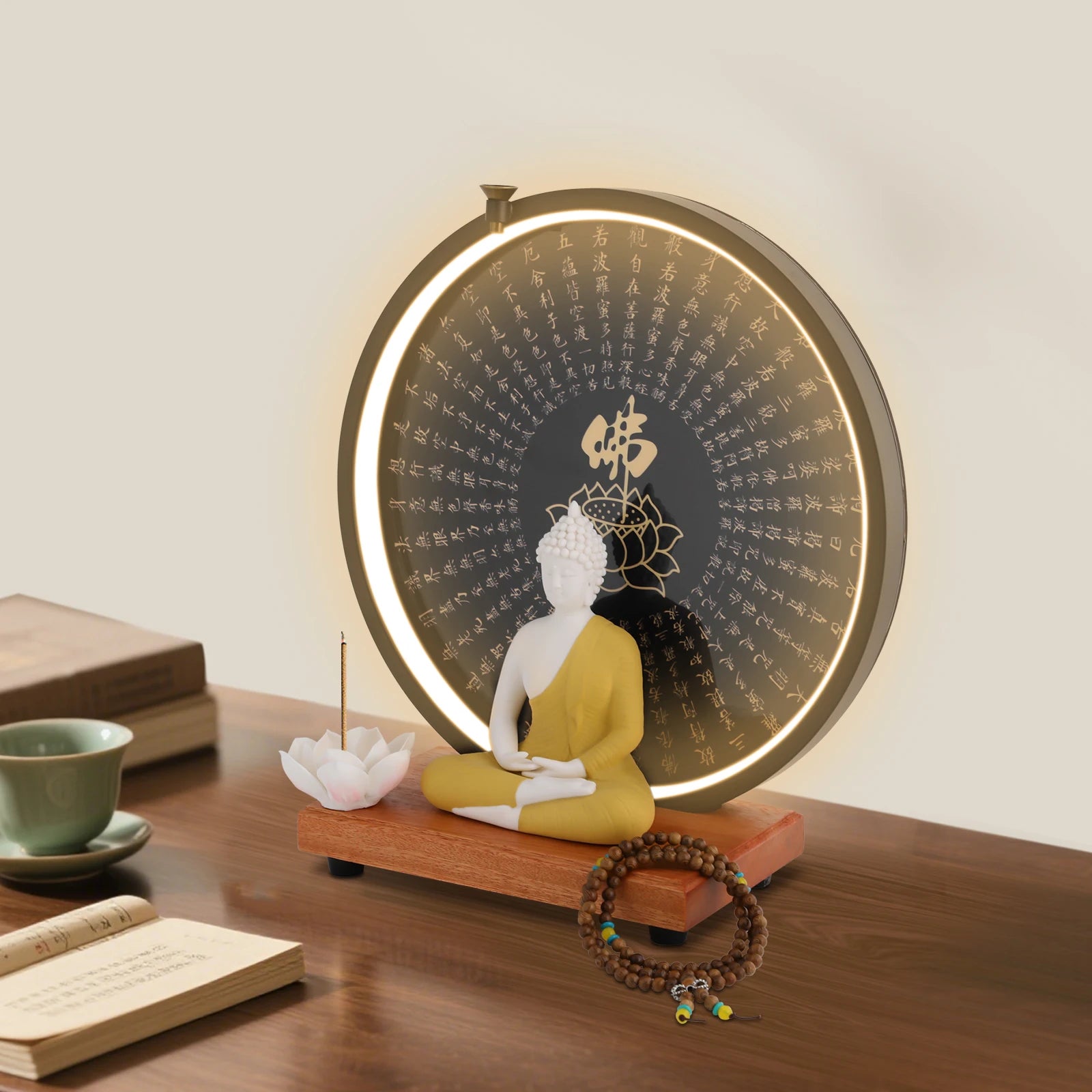 Buddha statue decoration ceramic with circle led lamp for decor white/red/yellow/blue 11.8*4.7*13in - religious