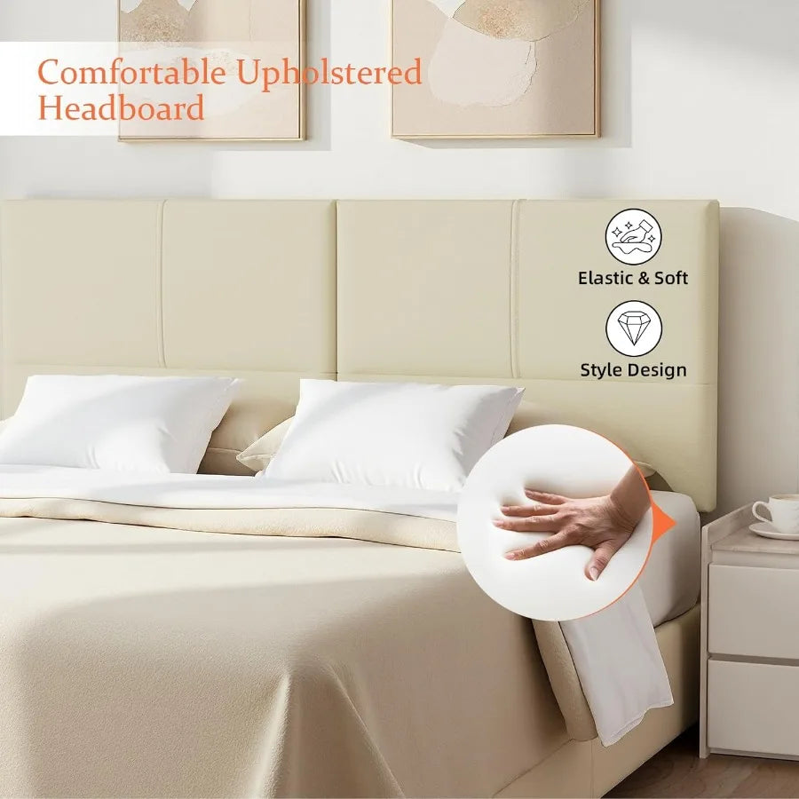 Upholstered headboard king size solid wood head board with sturdy metal legs leather bed height adjustable beige