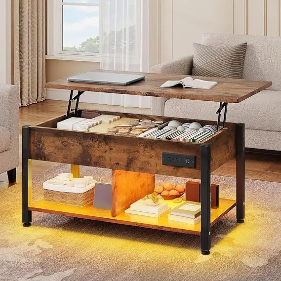 Lift top coffee table with rgb light 3-in-1 power outlets hidden & open storage adjustable height wooden - brown