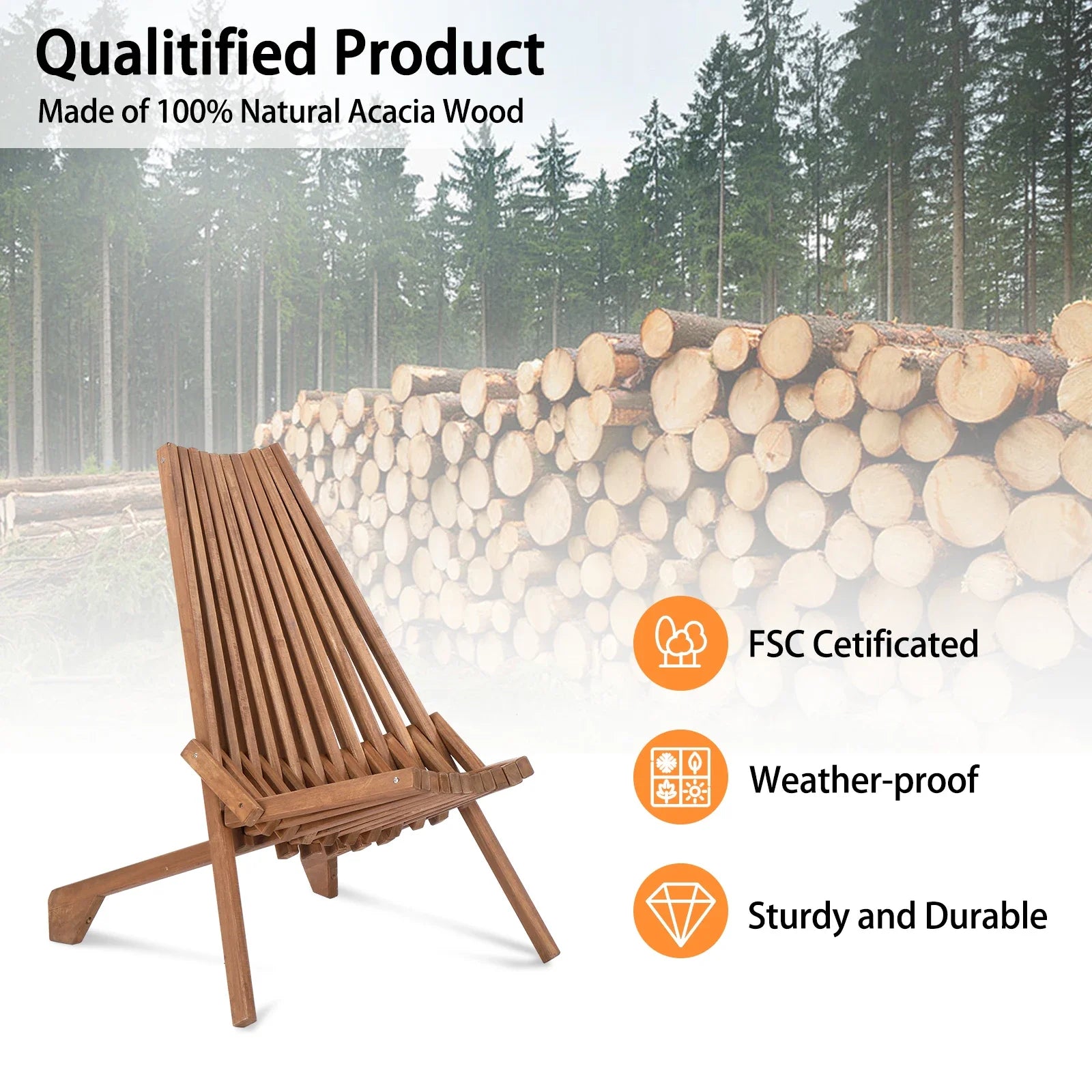 Wood folding chair for outdoor low profile acacia lounge balcony porch backyard patio lawn garden