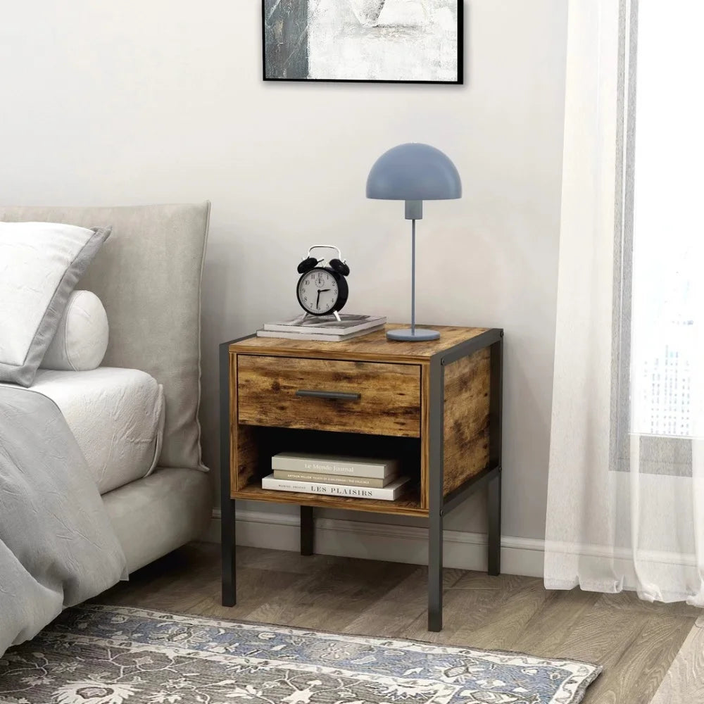 Set of 2 pcs nightstand industrial style rustic brown and black color add a classic simple cool feeling to your room