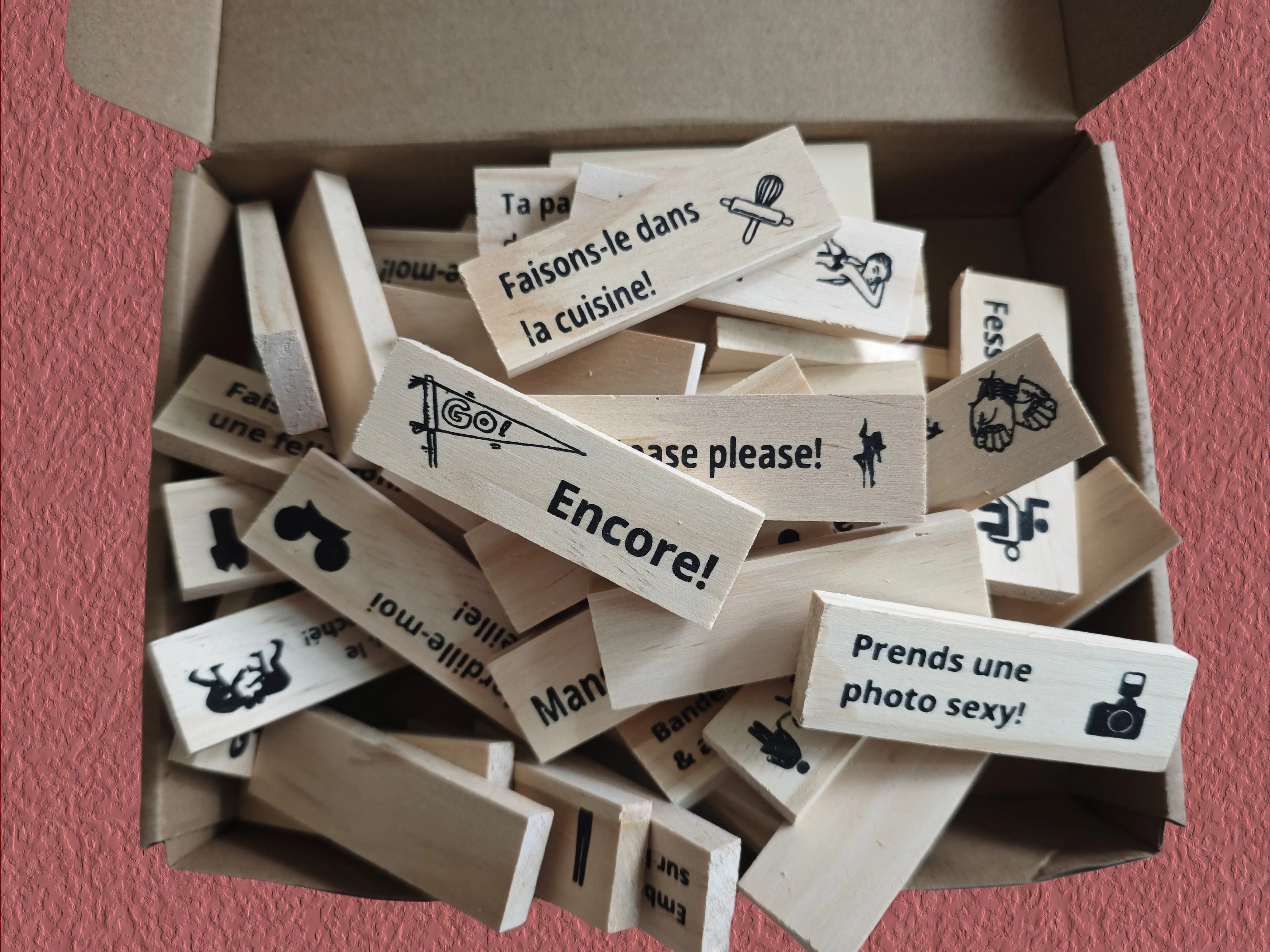 Seven language versions 48pcs building block game couple wooden tower date night adult party spanish sm product