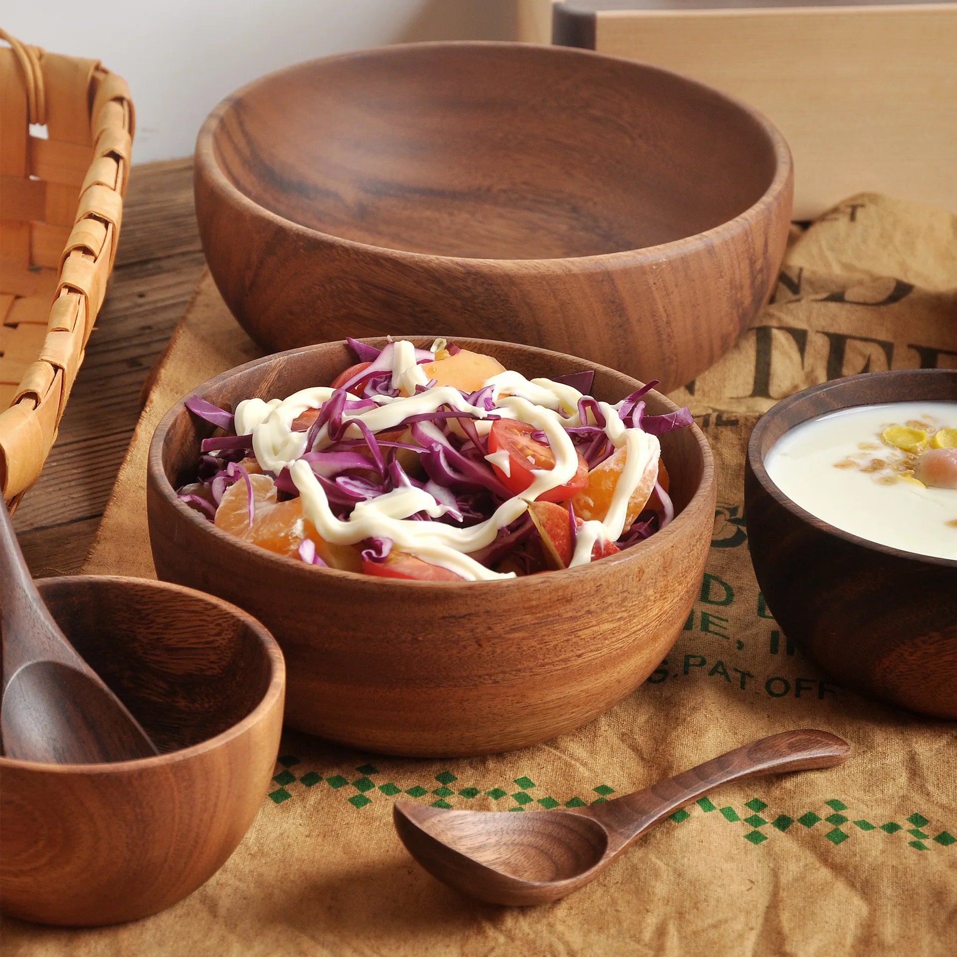 Leeseph wooden salad bowls food containers acacia woodensoup bowl fruit household kitchen cutlery basin