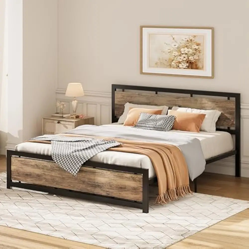 King size bed frame with headboard and footboard metal strong supports easy assembly noise-free no box spring needed