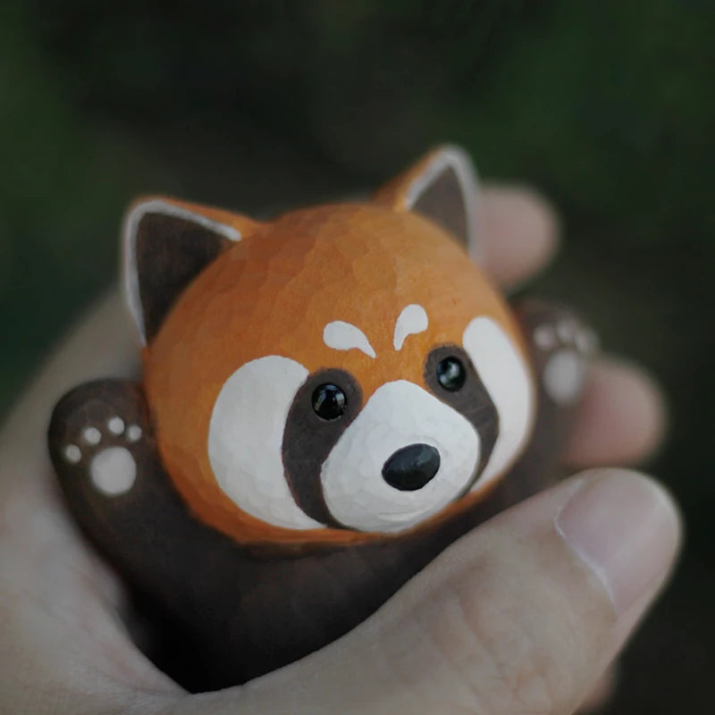 Cute home decor red panda handmade wood carving ornaments solid animal sculpture desk accessories kawaii figurine