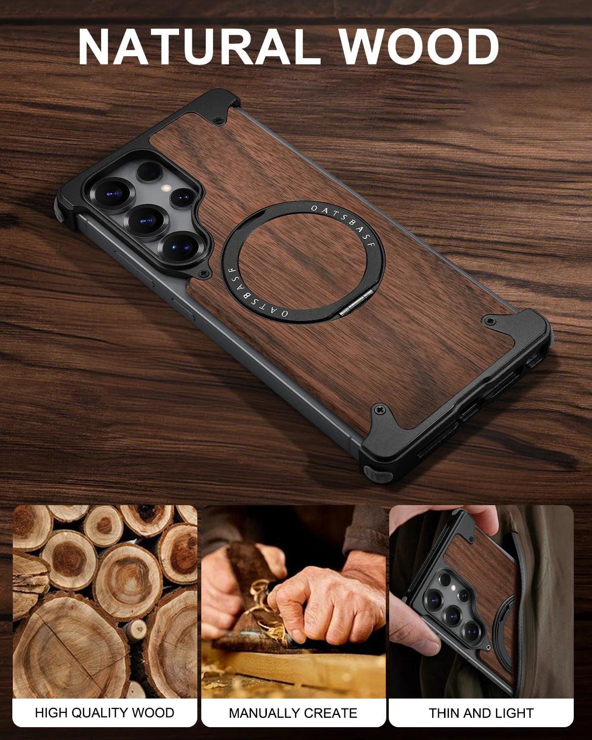 Eary premium wood phone case for samsung galaxy s25 s24 ultra with magsafe 360° rotation ring stand frameless