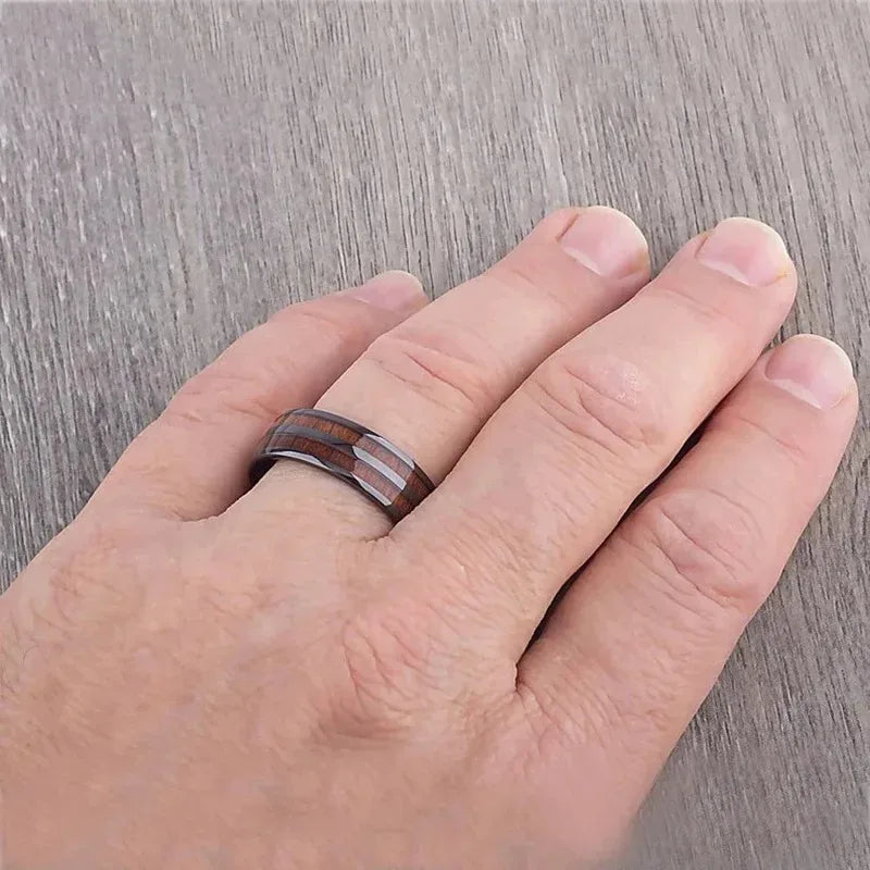 Fashion 8mm men titanium steel koa wood rings for women dome polished stainless wedding band jewelry gifts - ring
