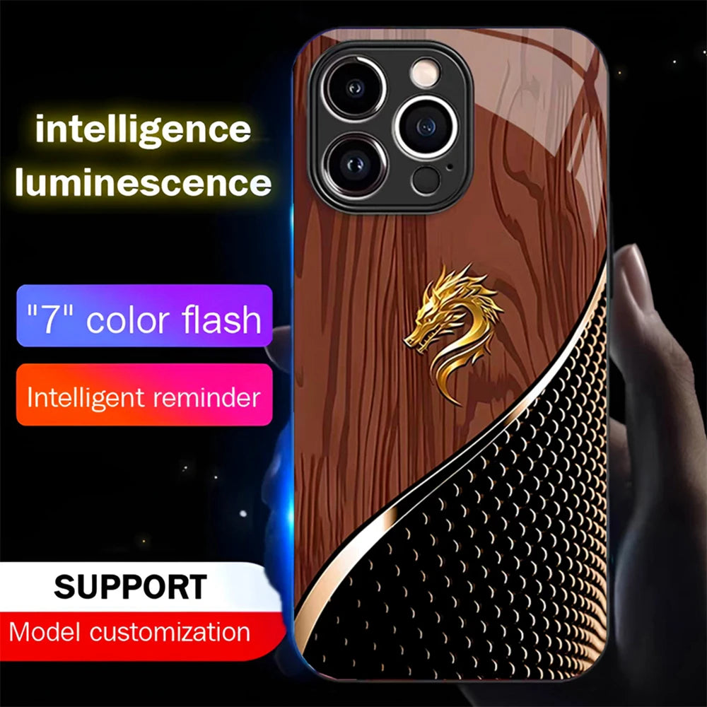 Luxury wood grain dragon luminous glass led call light up flash phone case for iphone air 17 16 e 15 14 13 12 11 pro