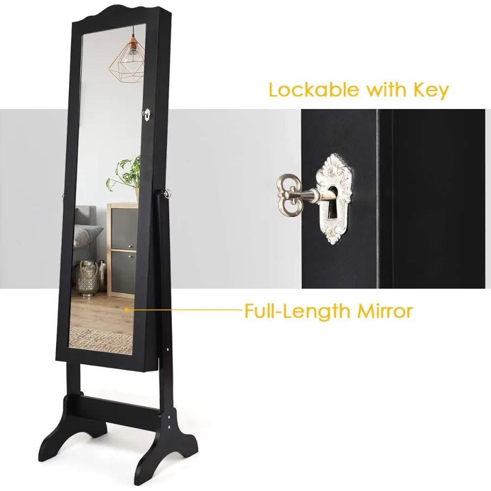Jewelry armoire organizer with full length mirror 14 leds floor standing cabinet 2 drawers 4 adjustable angles